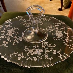 Vintage Crystal Floral Etched Serving Platter with Center Handle
